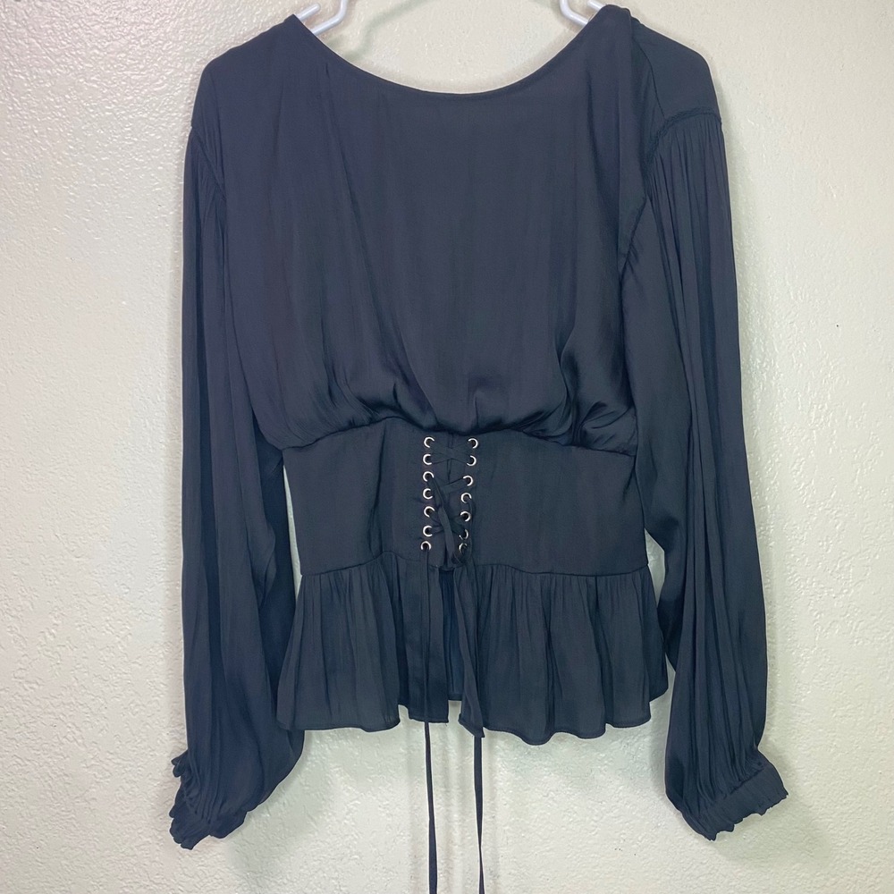 All Row Black Lace Up Corset Blouse Smocked Back Peplum Top Goth Witchy